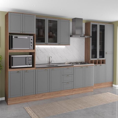 Cozinha Completa com Balcão Milla Element 17 Portas 3 Gavetas MDF-MDP 380cm Nogal com Cinza Titâ
