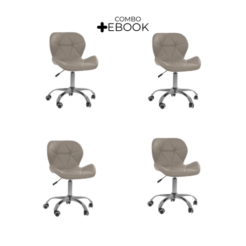 Kit 4 Cadeiras Office Eiffel Slim Ajustável Base Giratória - Bege + E-book