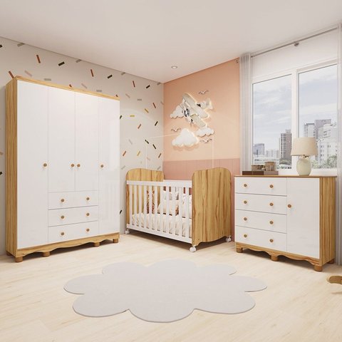 Quarto de Bebê Completo com Guarda-Roupa 4 Portas Cômoda e Berço 100% MDF Mimo Espresso Móveis