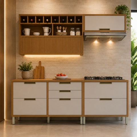 Cozinha Modulada Completa Imperatriz 4 Peças 100% MDF Marrom/Off White - Nesher