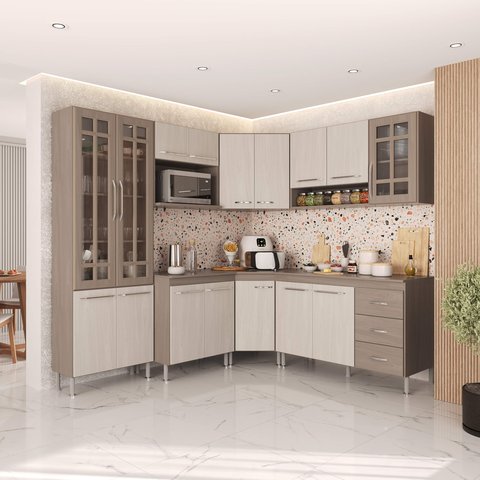 Armário de Cozinha Modulada Completa Fidelitá Paris 7 Peças 410cm 16 Portas 3 Gavetas com Tampo