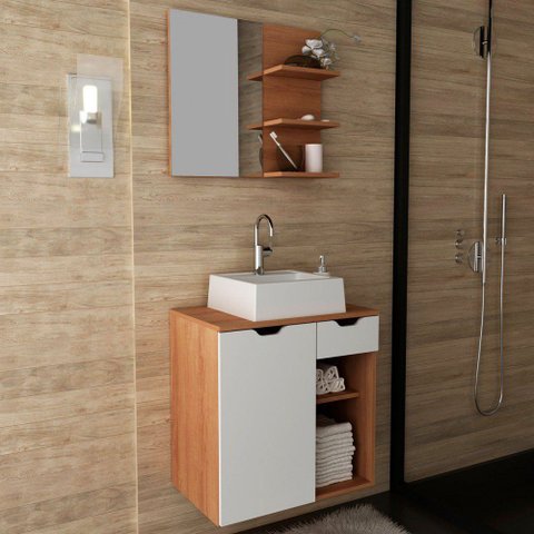 Conjunto para Banheiro com Gabinete, Cuba e Espelheira 1 Porta 1 Gaveta Amêndoa/Branco Tecno Mobili