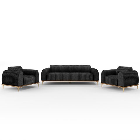 Kit Sofá 2 Lugares 150cm com 2 Poltronas Molino Pés D'ouro D02 Linho Chumbo D-465 - Lyam Decor