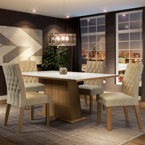 Conjunto Sala de Jantar Madesa Grazi Mesa Tampo de Vidro com 4 Cadeiras Rustic/Branco/Imperial Cor:R