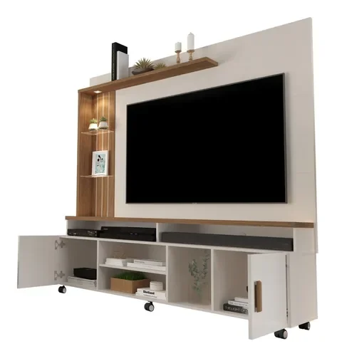 Ver imagem 3 de Estante Home Ocean Off-white/Canela Para Tv Até 65 Polegadas -2 Portas e Nicho com Leds Carmolar