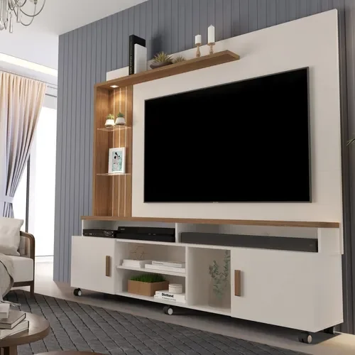 Ver imagem 1 de Estante Home Ocean Off-white/Canela Para Tv Até 65 Polegadas -2 Portas e Nicho com Leds Carmolar