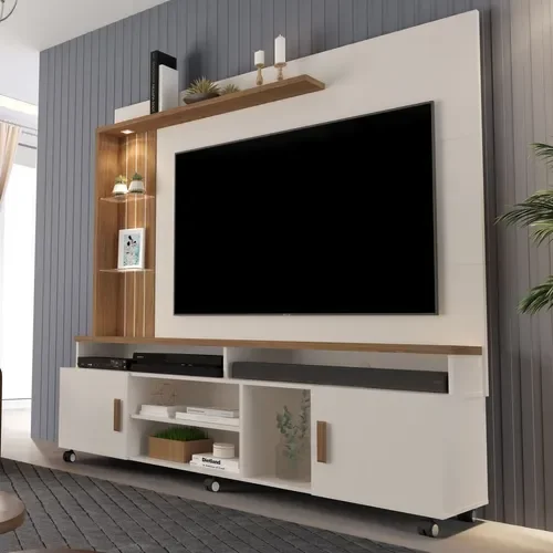 Estante Home Ocean Off-white/Canela Para Tv Até 65 Polegadas -2 Portas e Nicho com Leds Carmolar - 4