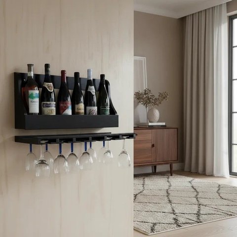 Porta Taças e Prateleira Adega Decorativa para Vinhos Garrafas Bares Preto Laca