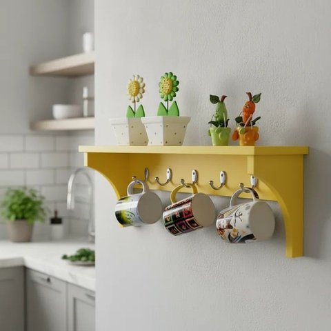 Prateleira Cabideiro Suporte Porta Canecas Utensílios de Cozinha Mochilas Bolsas Amarelo Laca