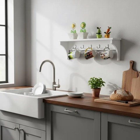 Prateleira Cabideiro Suporte Porta Canecas Utensílios de Cozinha Mochilas Bolsas Branco Laca