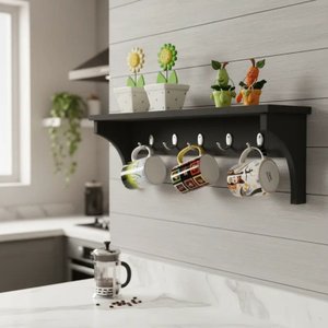 Prateleira Cabideiro Suporte Porta Canecas Utensílios de Cozinha Mochilas Bolsas Preto Laca