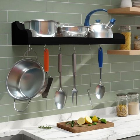 Prateleira Suporte Porta Panelas e Utensílios de Cozinha Preto Laca