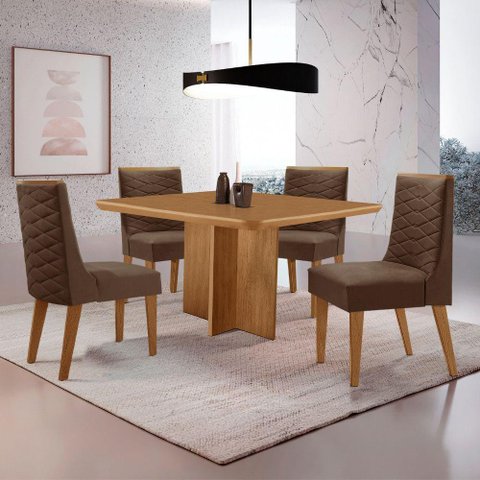 Mesa Olimpia 90 Mdf Canto Copo e com 4 Cadeiras Safira Veludo Marrom/naturalle/naturalle