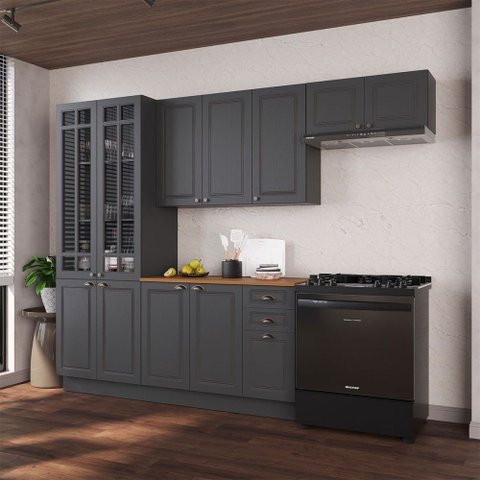 Cozinha Completa Bariloche 12 Portas 2 Gavetas com Vidro e Tampo 100% MDF Chumbo - Indékes