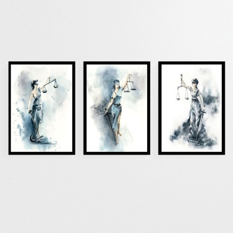 Kit 3 Quadros Deusa Da Justiça Aquarela Azul 24x18cm:Madeira preta