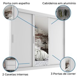 Guarda Roupas Casal com Espelho 3 Portas de Correr 2 Gavetas França Branco - 5