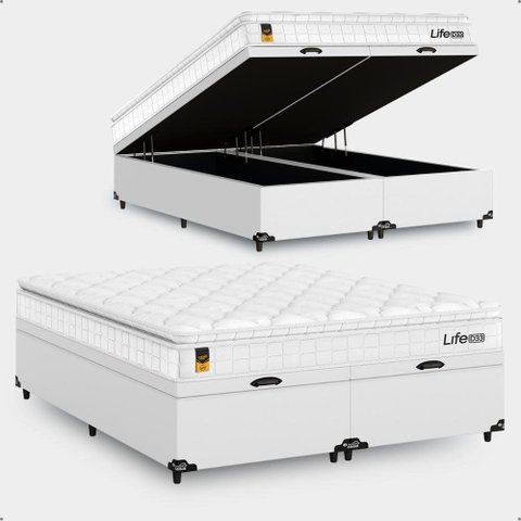Cama Box Baú Queen Bipartido Couro Branco + Colchão Life D33 Pillow Top 61x158x198cm Branco
