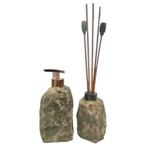 Kit Lavabo Difusor e Saboneteira Pedra Natural Quartzo Verde Esmeralda