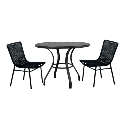 Conjunto Mesa Prime em Alumínio Ripado 1,00m com 2 Cadeiras Corda Náutica Preto