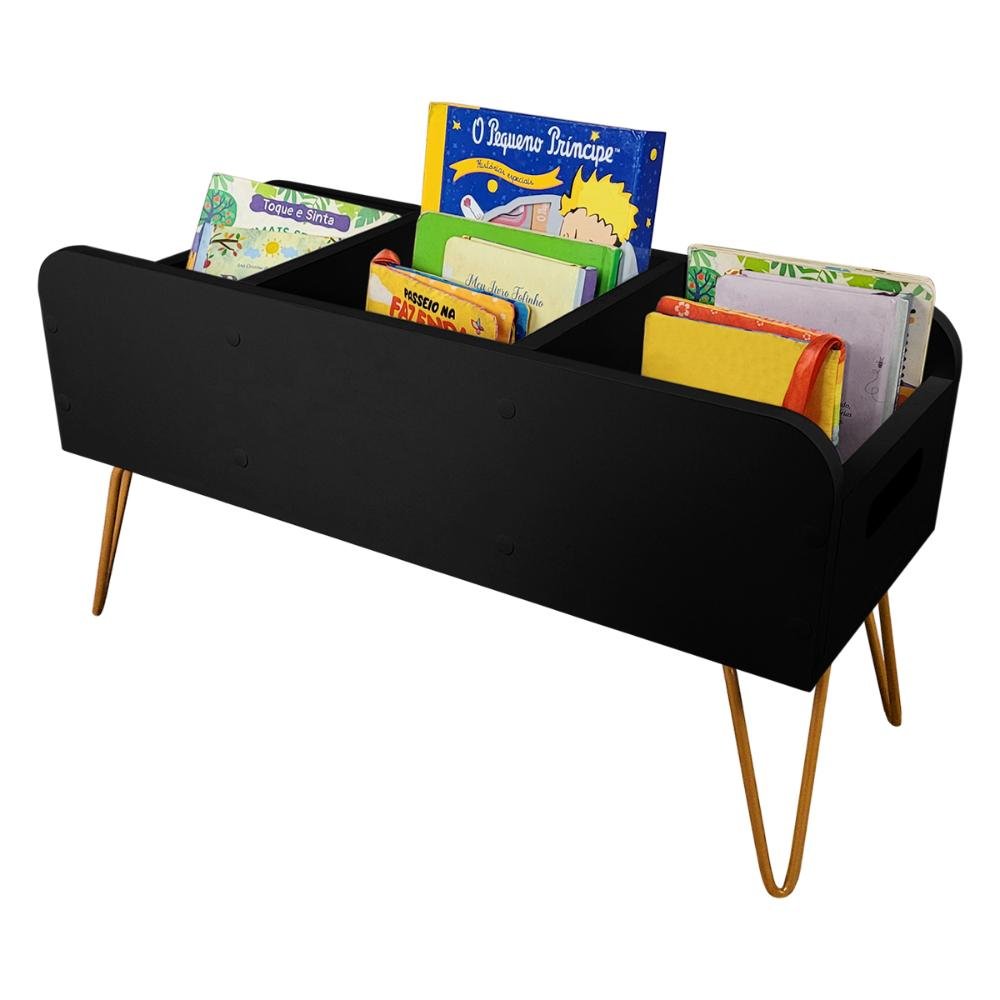 Estante Porta Livros Infantil Revisteiro de Chão Read - Dourado/preto - 3