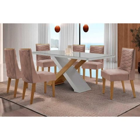 Conjunto Sala de Jantar Imperatriz C/ Tampo Madeirado C/ Vidro Canto Curvo 180x90cm e 6 Cadeiras