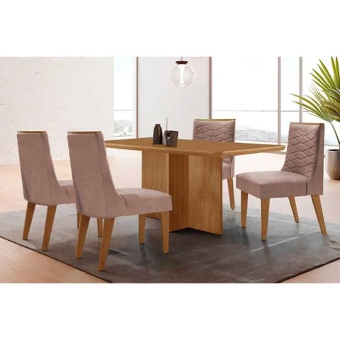 Conjunto: Mesa de Cozinha Berlim c/ Tampo Madeirado Canto Curvo 120x80cm e 4 Cadeiras Maldivas