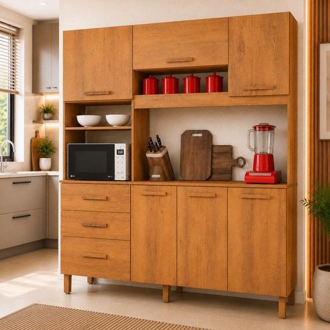 Armário de Cozinha 6 Portas e 3 Gavetas 100% MDF Caribe Yescasa Marrom/Cinamomo/Branco