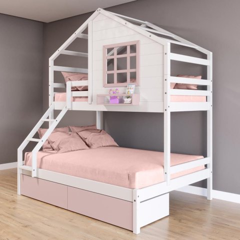 Beliche Casinha com Janela Casal/solteiro 02 Gavetas Rosa Madeira Maciça Branco/ Rosa Housin