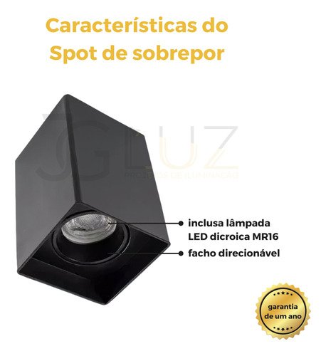 Kit 2 Spot Sobrepor Quadrat C/lâmpada Mr16 Quente ou Neutra - Preto - Branco Quente - 4