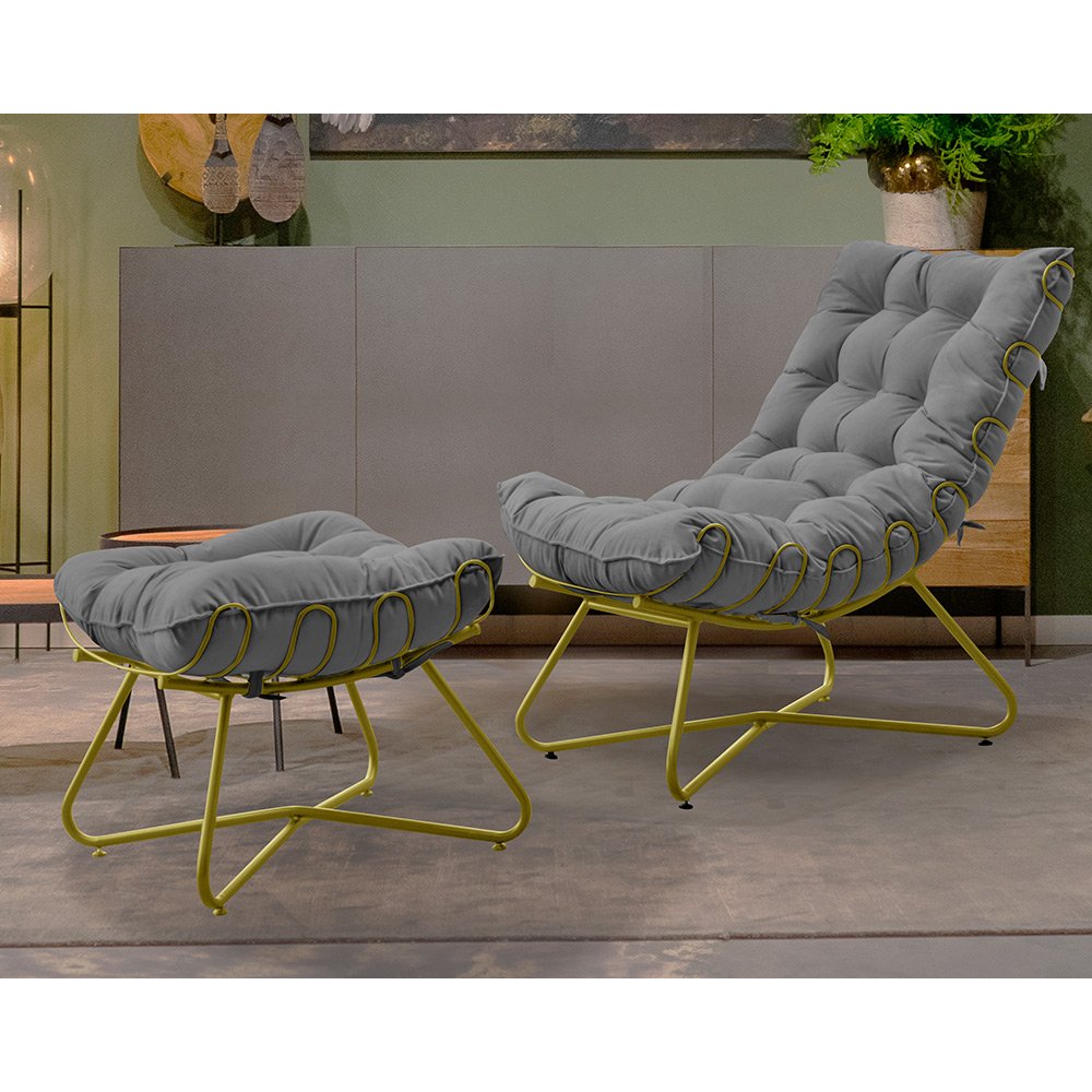 Puff Decorativo Sala de Estar Caim Base de Ferro Dourado Suede Cinza - Gran Belo - 6