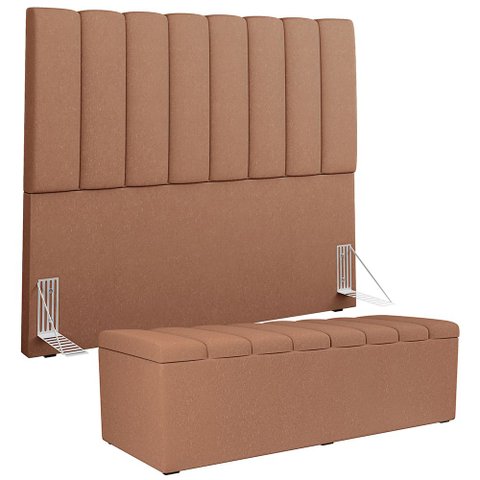 Kit Cabeceira Cama Box Queen 160cm com Calçadeira Baú Dália W01 Linho Rosê - Lyam Decor
