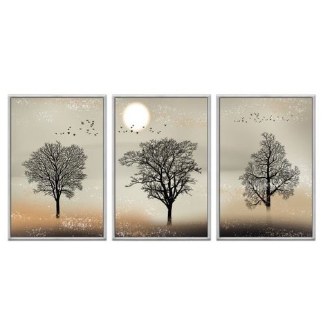 Kit 03 Quadros Decorativos - Plantas por do Sol Vintage Flnt057 - Tela Canvas - 60x80cm