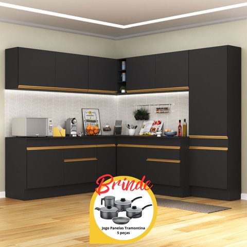Armário Cozinha Completa Canto Veneza Mp2102 Multimóveis Preto + Brinde Jogo de Panelas Tramontina
