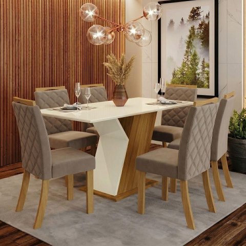 Conjunto Sala de Jantar Layla Select 6 Lugares Tampo MDF Cadeiras Estofadas Off White 160cm Casa 812