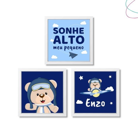 Kit 3 Quadros Decorativos Infantil Ursinho Aviador: Branca