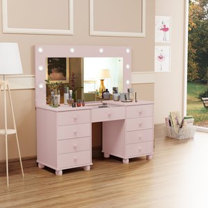 Penteadeira Camarim 9 Gavetas Classica Mila New C/led - Espelho - Gaveta Maquiagem - Rose