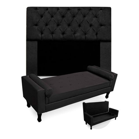 Kit Cabeceira Mirage + Calçadeira Baú Felix Queen Size 160cm Suede - Ecotec Decor:Preto