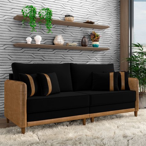 Sofá Montecarlo 2 Lugares 172cm Veludo/pu Preto/caramelo