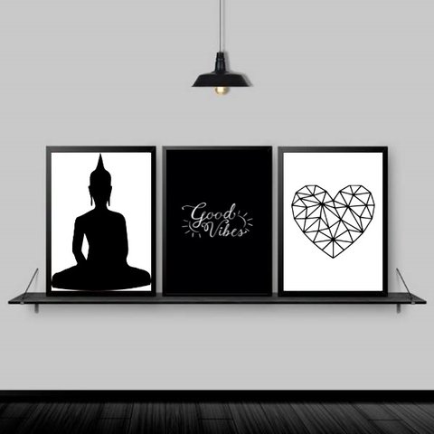 Kit 3 Quadros Zen Buda Good Vibes 24x18cm:Madeira preta