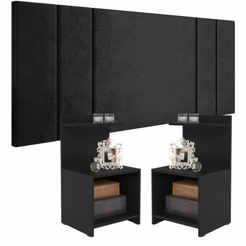Conjunto Quarto Cabeceira Casal 1,40 Luana com 2 Mesas de Cabeceira Fantasy - Preto
