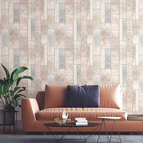 Papel de Parede Efeito Azulejo Bege e Azul Vinilico Lavável+ Cola Inclusa