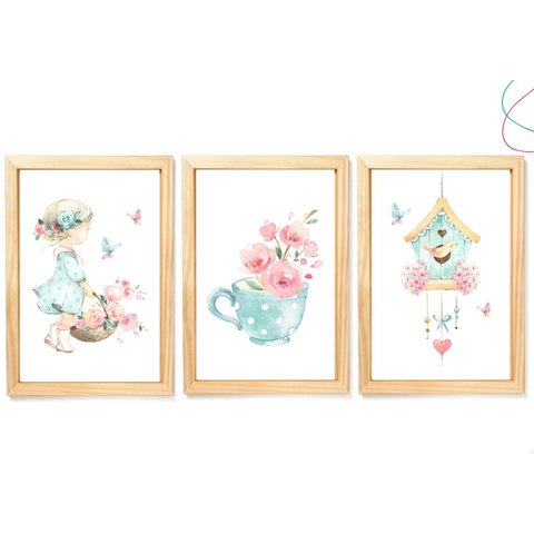 Kit com 3 Quadros Decorativos Menina em Aquarela Flores: Pinus