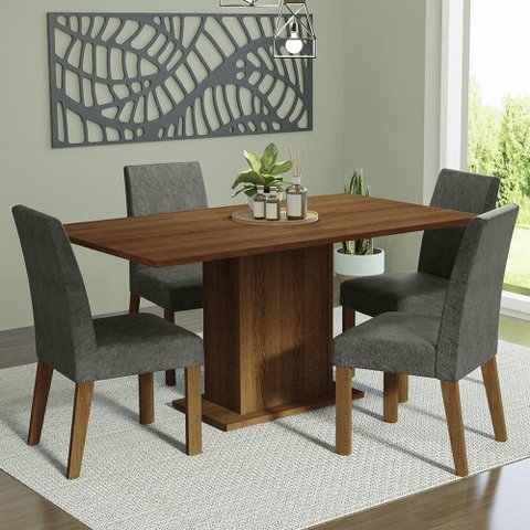 Conjunto Sala de Jantar Mesa Tampo de Madeira 4 Cadeiras Rustic/silver Keila Madesa