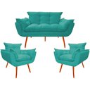 Ver imagem 1 de Namoradeira + 2 Poltronas Opalla Decorativa Reforçada Recepção Sala de Estar Suede Azul Tifany