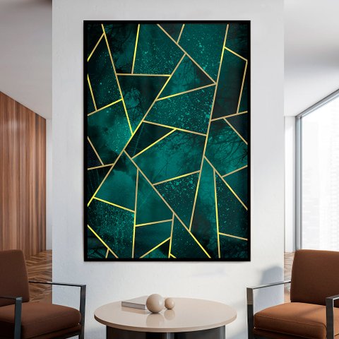 Quadro Decorativo Geométrico Mosaico Verde em Moldura Caixa Tacolado Moldura Trad 1cm Branca com Vid