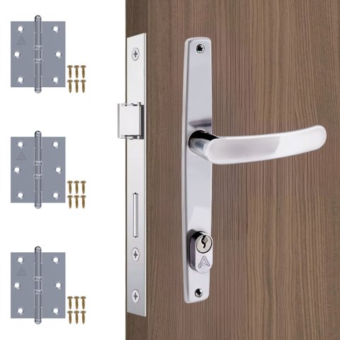 Fechadura Para Porta Externa Perfil Estretiro Aço Inox Polido Cromado + Dobradiças Aço Zincado Pino 