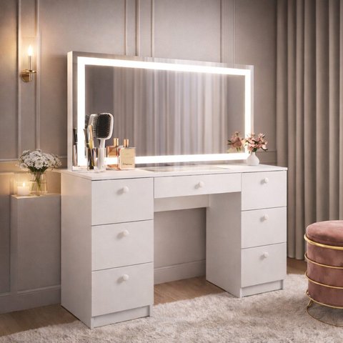 Penteadeira para Quarto com Espelho Touch Led 7 Gavetas Iris