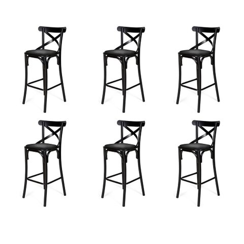 Kit 6 Banquetas Katrina com Encosto em Aço Preto Assento em Corano para Bancada de Cozinha - Preto