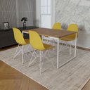 Ver imagem 1 de Mesa Industrial Base Ferro Branco 137x90 Tampo Amêndoa 4 Cadeiras Eiffel Ferro Branco Assento Amarel