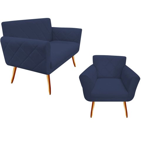 Kit Namoradeira + 1 Poltrona Decorativa Sabrina Suede Azul Marinho Pés Madeira Mz Decor